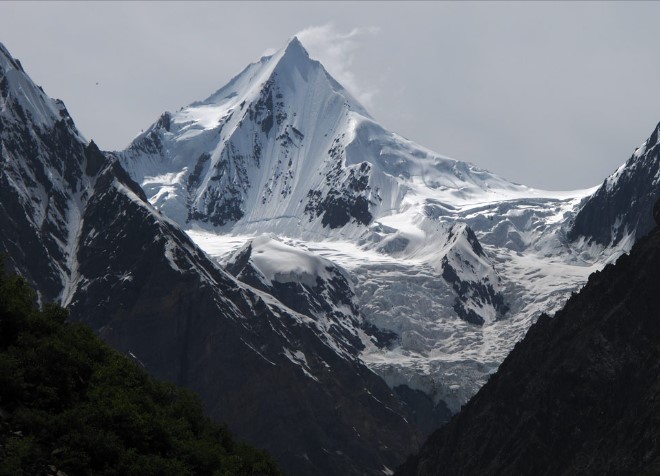 Trekking through deep snow towards Gasherbrum II, the 13th highest mountain in the world, in Pakistan’s Karakoram.