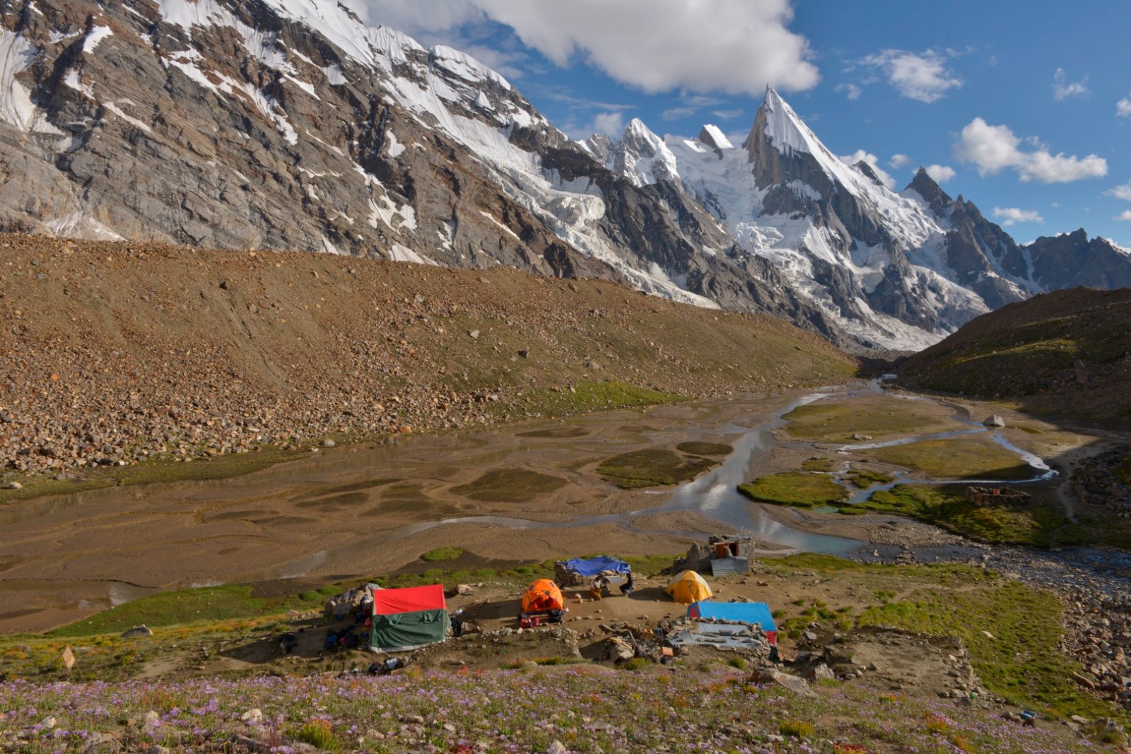 A breathtaking view of Laila Peak, one of the most beautiful and iconic mountains in the Karakoram range, with its sharp, needle-like summit.