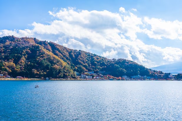 Serene lake surrounded by rolling hills, perfect rafting tours.