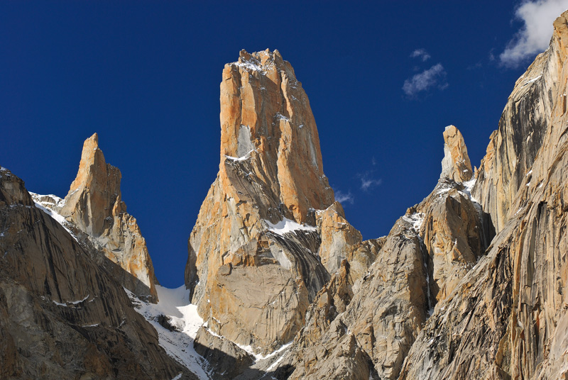 Towering granite spires of the Trango Towers in the Karakoram range, Pakistan, a world-famous destination for rock climbers and extreme mountaineers.